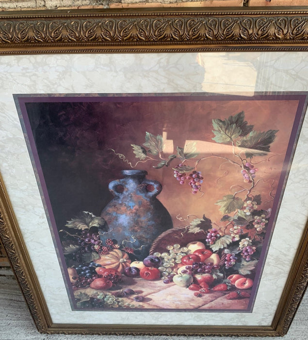 FRAMED VINTAGE PRINT OF FRUIT AND POTTERY