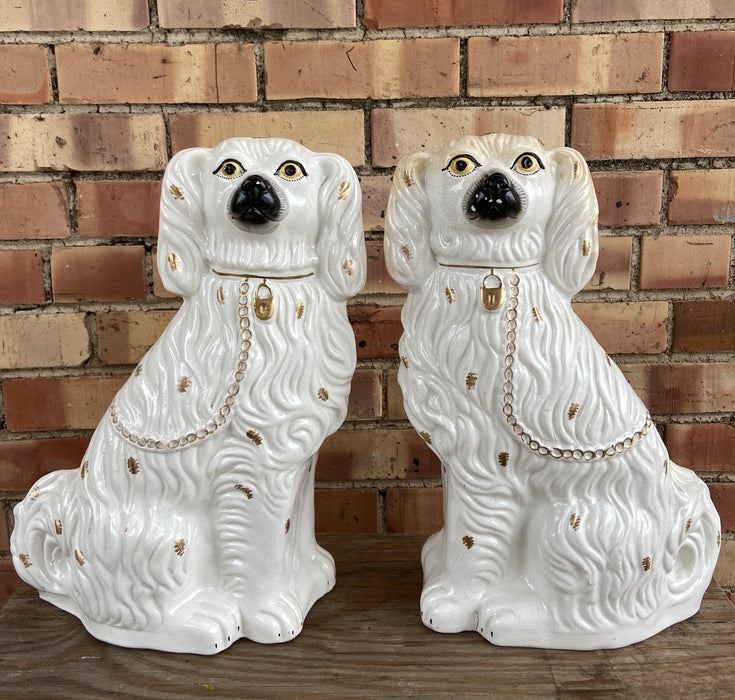 PAIR OF LARGE WHITE STAFFORDSHIRE DOGS