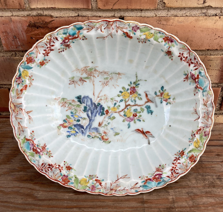 OVAL FLUTED HAND PAINTED ASIAN BOWL WITH BIRDS