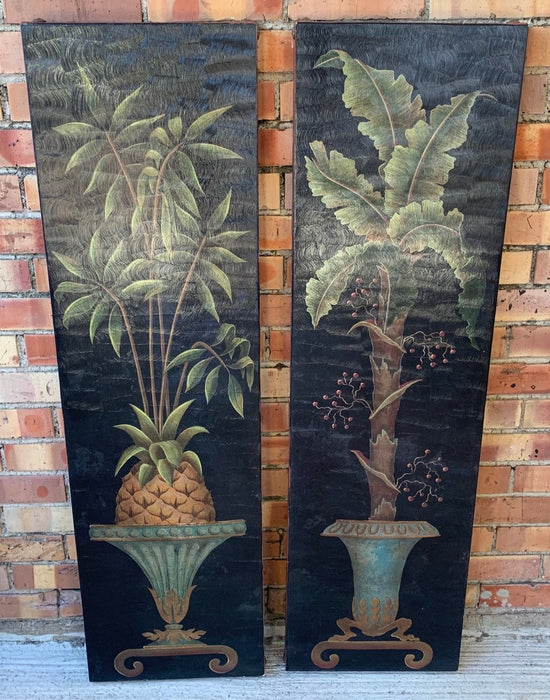 PAIR OF VERTICAL PAINTINGS OF PALM AND PINEAPPLE