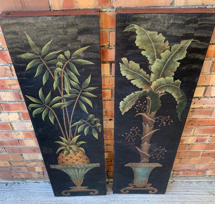 PAIR OF VERTICAL PAINTINGS OF PALM AND PINEAPPLE