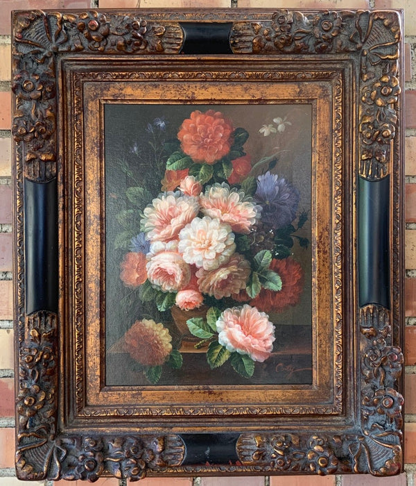 BRONZE AND BLACK FRAMED FLORAL PAINTING