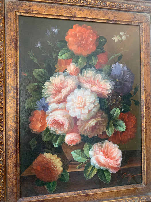 BRONZE AND BLACK FRAMED FLORAL PAINTING