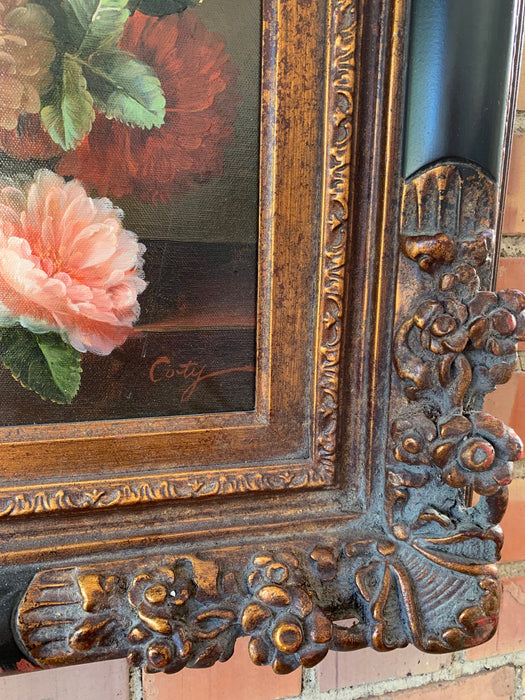 BRONZE AND BLACK FRAMED FLORAL PAINTING