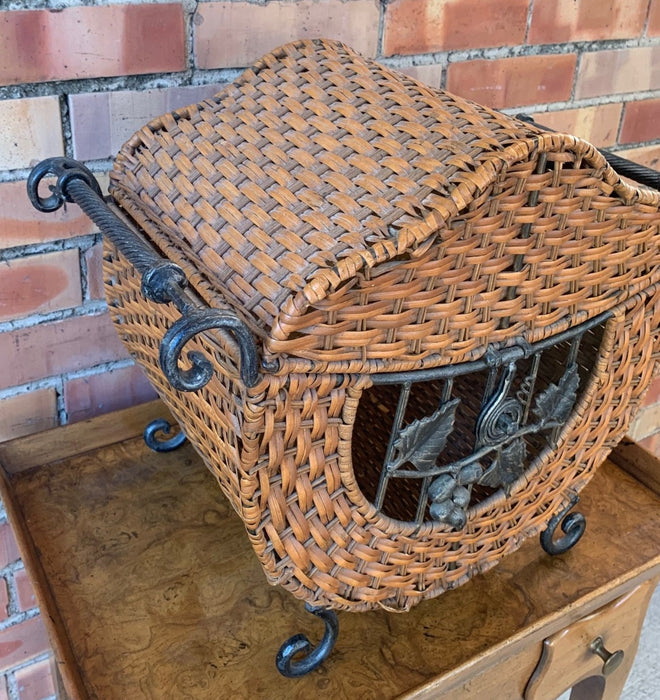 LARGE WICKER AND IRON BASKET WITH LID