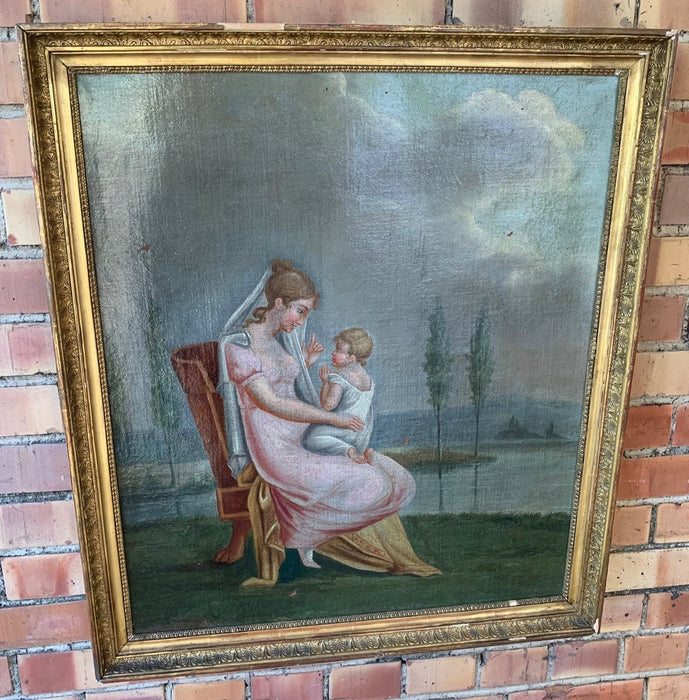 EARLY 19TH C. OIL PAINTING ON CANVAS OF WOMAN AND CHILD