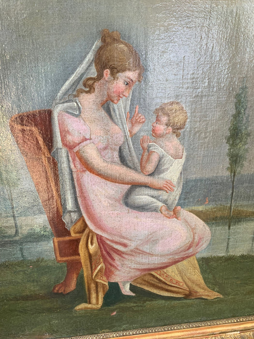 EARLY 19TH C. OIL PAINTING ON CANVAS OF WOMAN AND CHILD