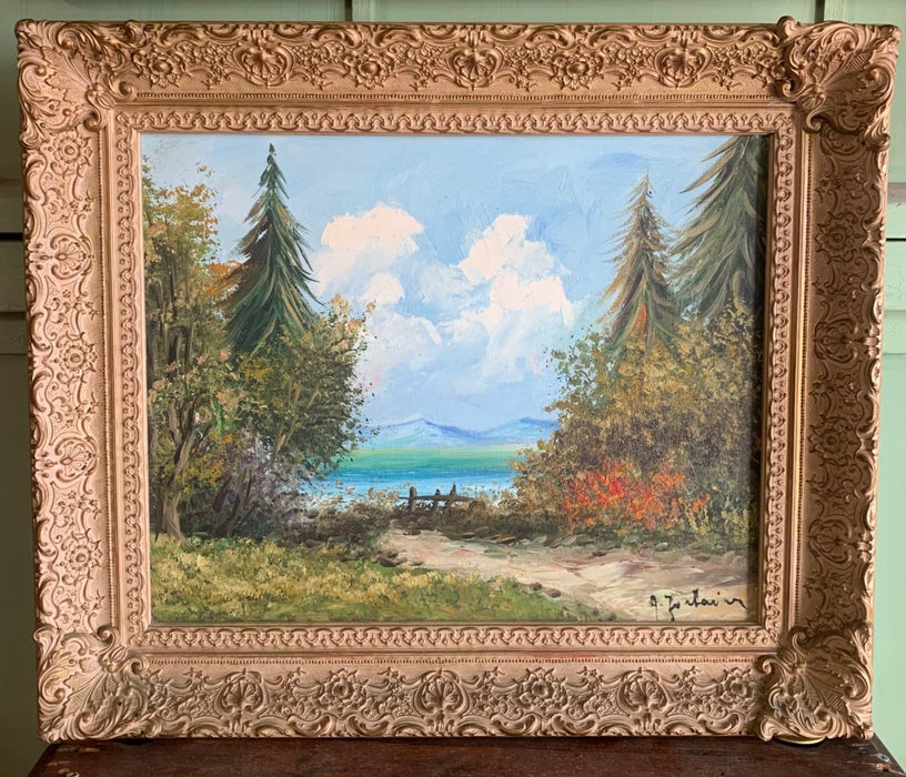 PRIMITIVE OIL PAINTING LANDSCAPE WITH CONIFERS IN ORNATE LARGE FRAME