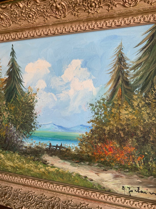 PRIMITIVE OIL PAINTING LANDSCAPE WITH CONIFERS IN ORNATE LARGE FRAME