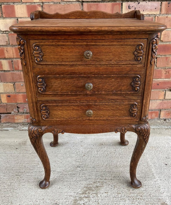 CARVED OAK 3 DRAWER LAMP STAND WITH QUEEN ANNE FEET