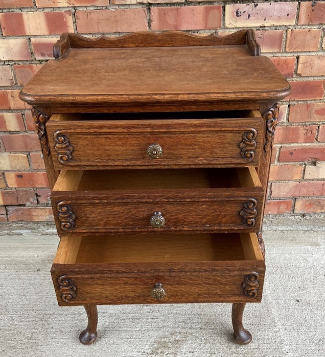 CARVED OAK 3 DRAWER LAMP STAND WITH QUEEN ANNE FEET