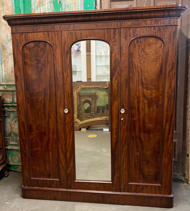 ENGLISH MAHOGANY 3 DOOR FITTED ARMOIRE WITH MIRROR