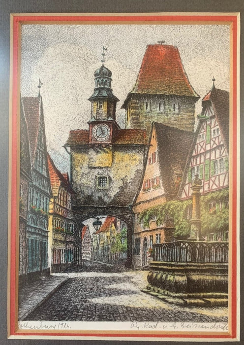 SIGNED  PRINT OF EUROPEAN VILLAGE ROAD WITH CLOCK TOWER