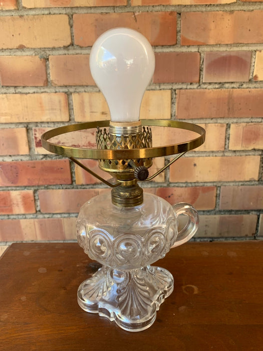 ELECTRIFIED GLASS OIL LAMP WITH HANDLE AND TALLER BASE