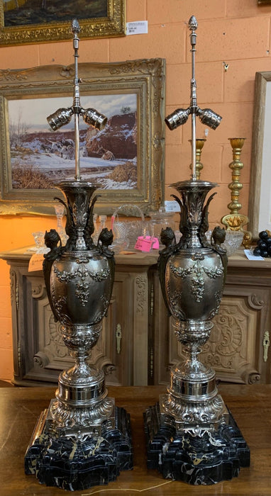 PAIR OF SILVER, MARBLE, AND BRONZE FIGURAL LAMPS