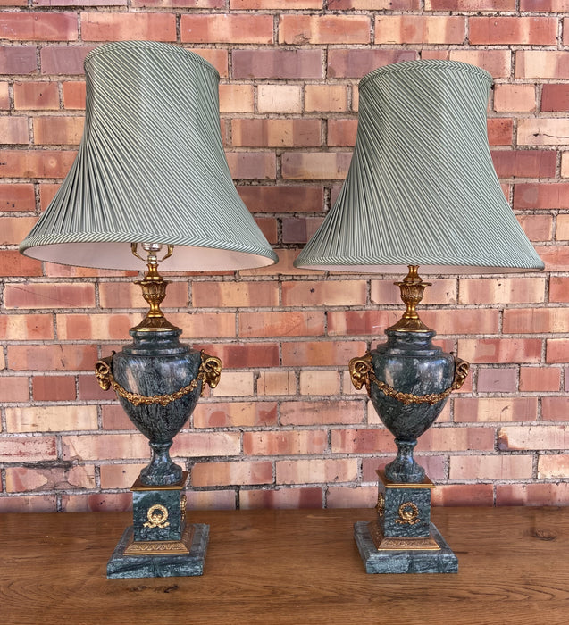 PAIR OF GREEN EMPIRE RAMS HEAD MARBLE LAMPS