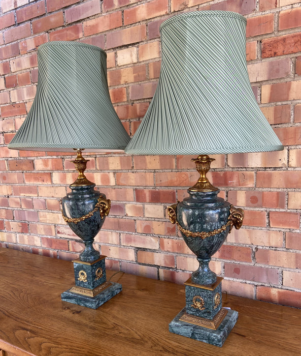 PAIR OF GREEN EMPIRE RAMS HEAD MARBLE LAMPS
