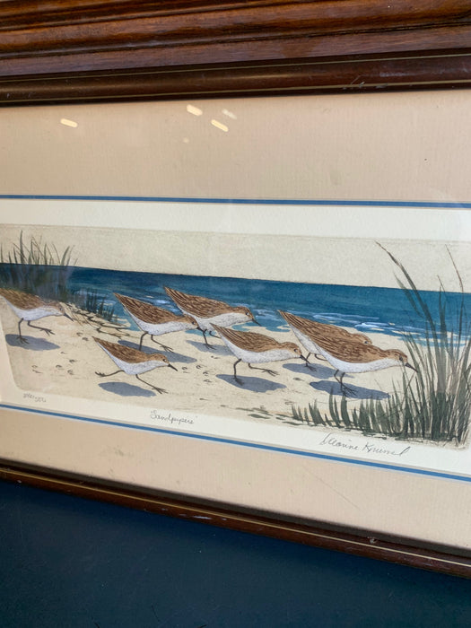 FRAMED PRINT OF SAND PIPERS SIGNED BY ELAINE LUANNE