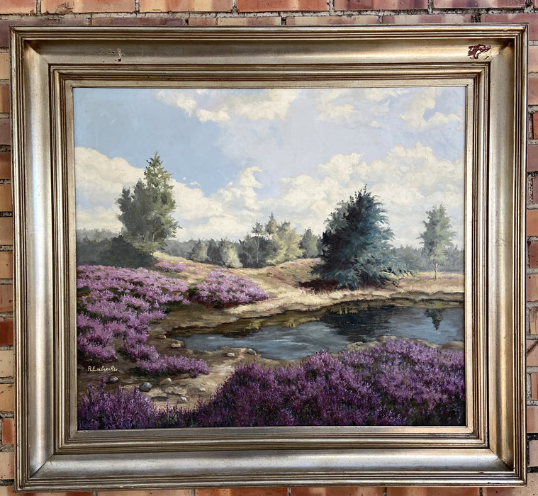 LARGE SQUARE PAINTING OF POND WITH LAVENDER FLOWERS