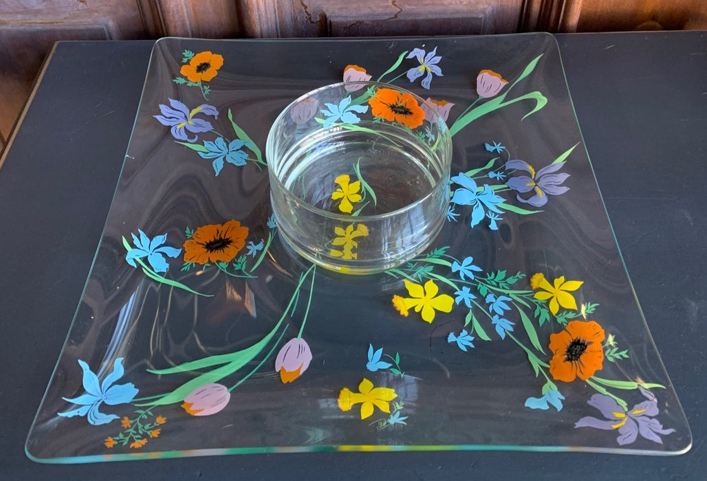 FLORAL CLEAR GLASS SQUARE TRAY WITH BOWL