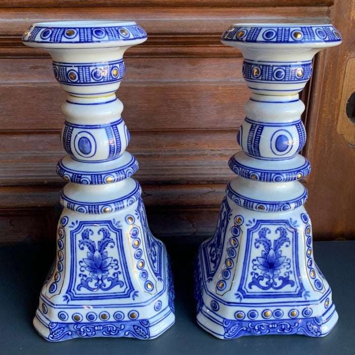 PAIR OF LARGE BLUE AND WHITE CANDLE STANDS - NOT OLD