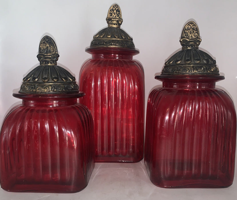 SET OF 3 RED GLASS CANISTERS