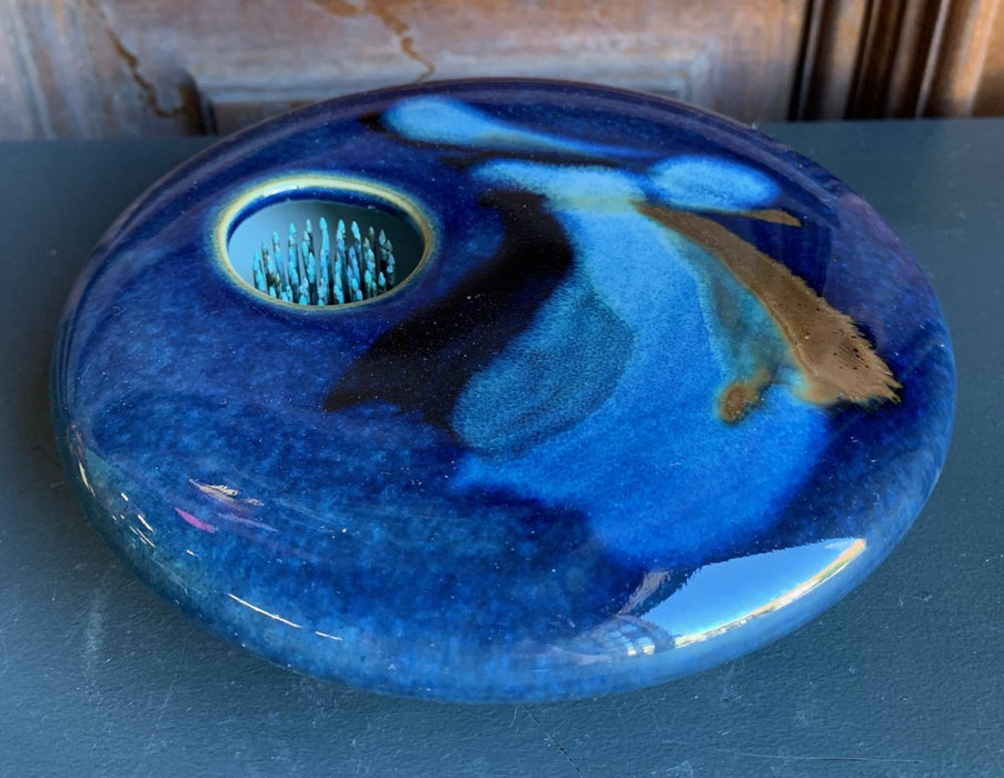 GLAZED BLUE POTTERY FLORAL FROG - SIGNED