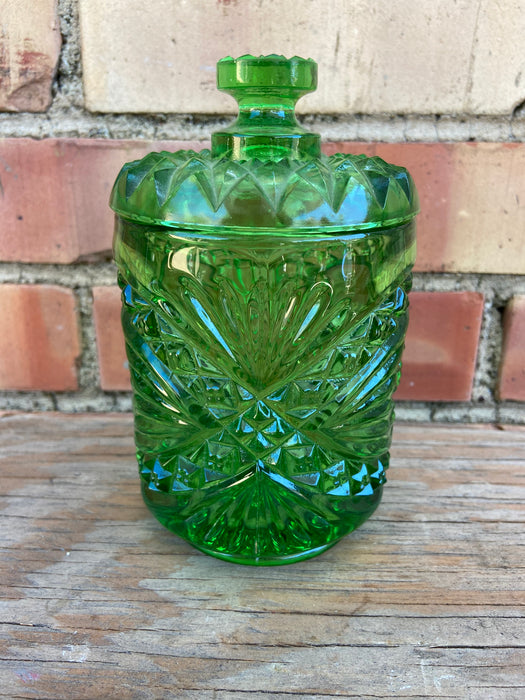 GREEN PRESSED GLASS JAR