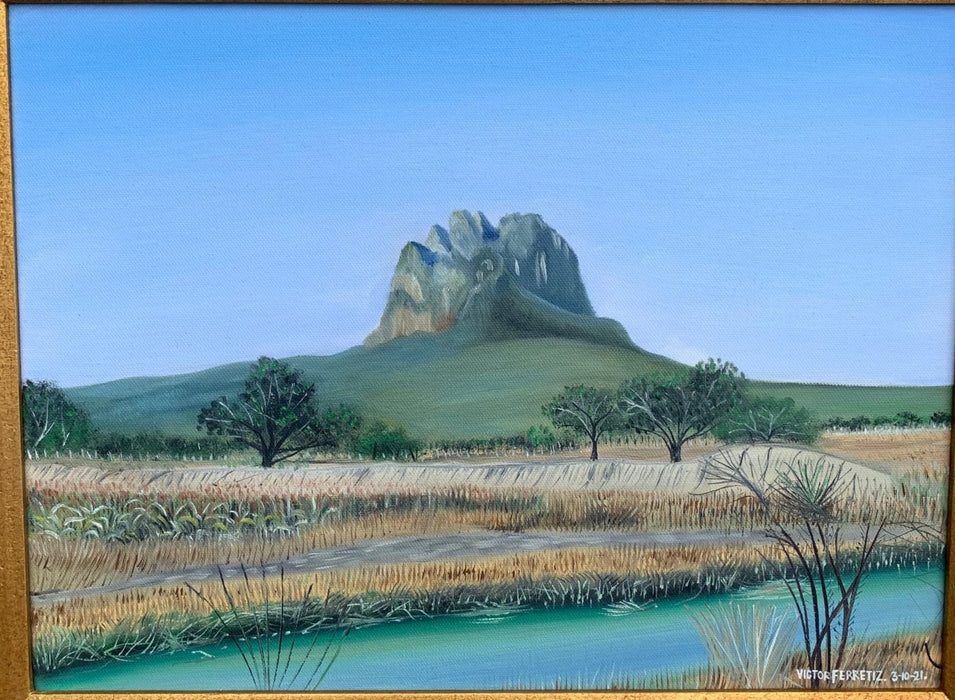 CERRO DE BERNAL VOLCANIC MOUNTAIN IN MEXICO OIL ON CANVAS PAINTING BY VICTOR FERRETIZ