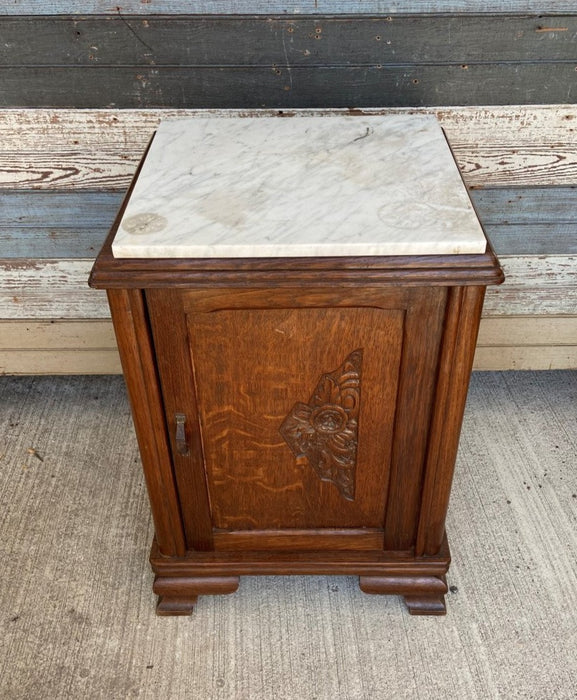 FRENCH DECO OAK WHITE MARBLE TOP NIGHT STAND