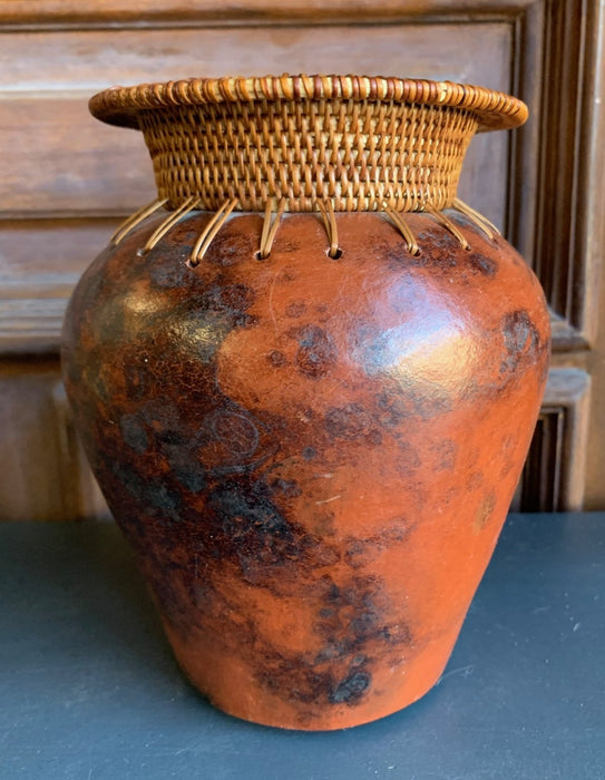 POTTERY VASE WITH WICKER RIM-NOT OLD