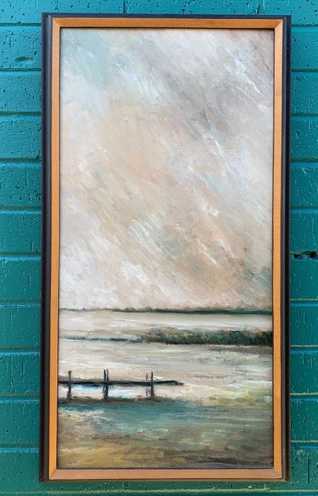VERTICAL VINTAGE OIL PAINTING OF DOCK ON LAKE ON STORMY DAY