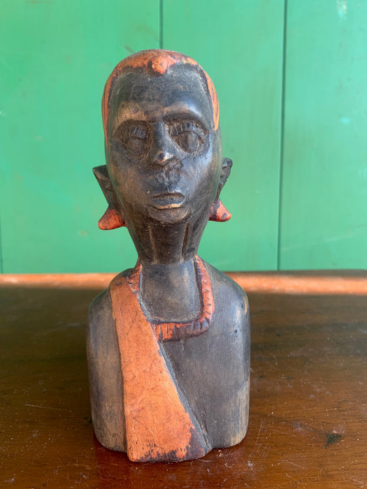 AFRICAN MALE WOOD STATUE WITH RED HAIR