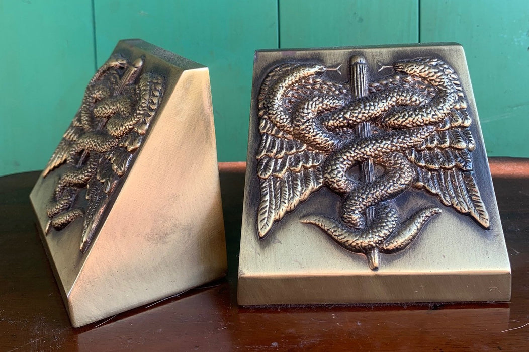 BRASS CADUCEUS BOOKENDS PAIR