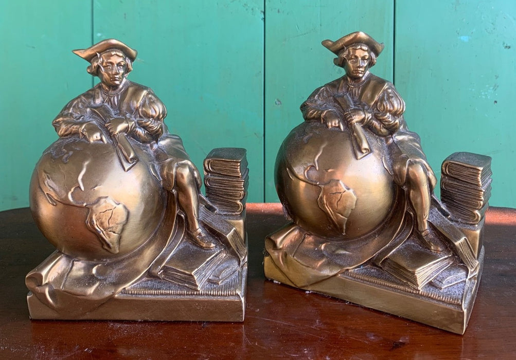 BRASS CHRISTOPHER COLUMBUS BOOKENDS PAIR