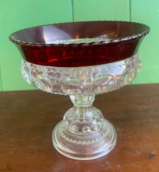 RUBY FLASH PATTERN GLASS FOOTED COMPOTE