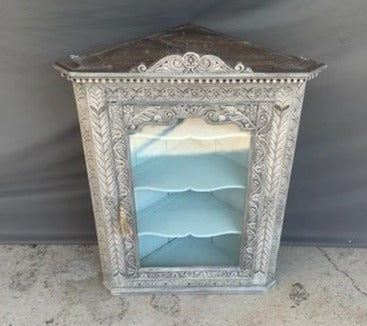 19TH CENTURY CARVED CORNER CABINET PAINTED BLUE