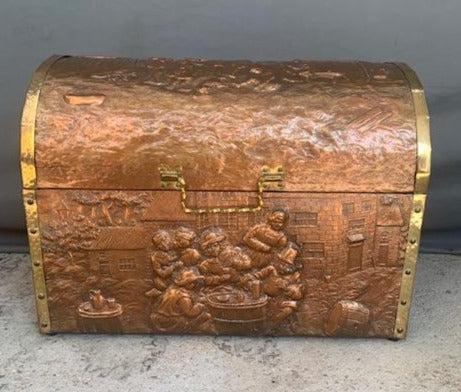LARGE EMBOSSED COPPER TRUNK WITH DOME LID