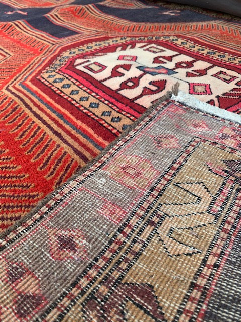 NAVY BLUE AND RED HAND TIED PERSIAN RUNNER RUG
