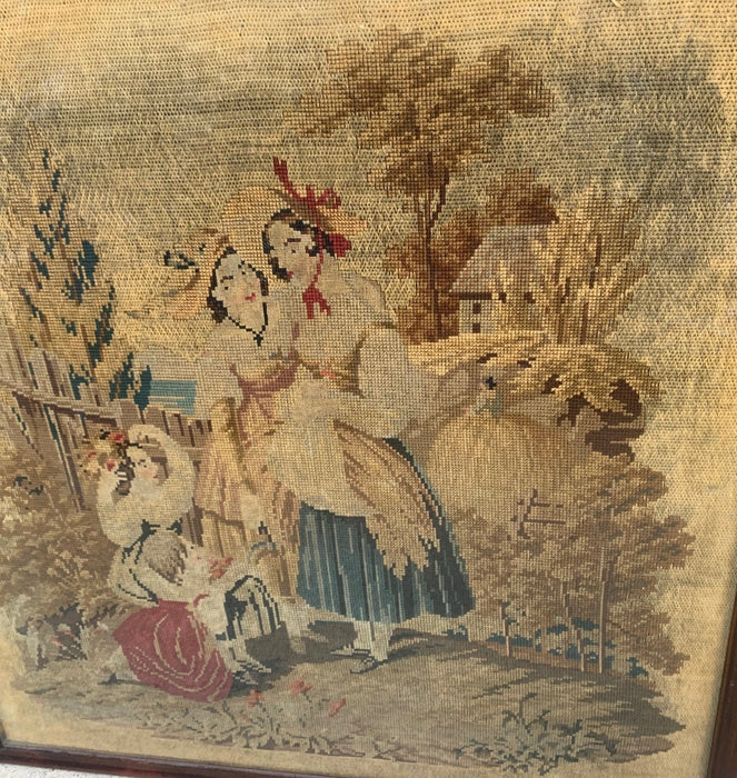 FRAMED LATE 19TH CENTURY NEEDLEPOINT OF WOMEN AND CHILDREN