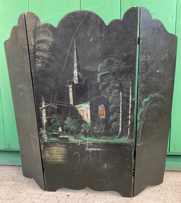 SMALL MOTHER OF PEARL INLAID PAPER MACHE SCREEN WITH CHURCH