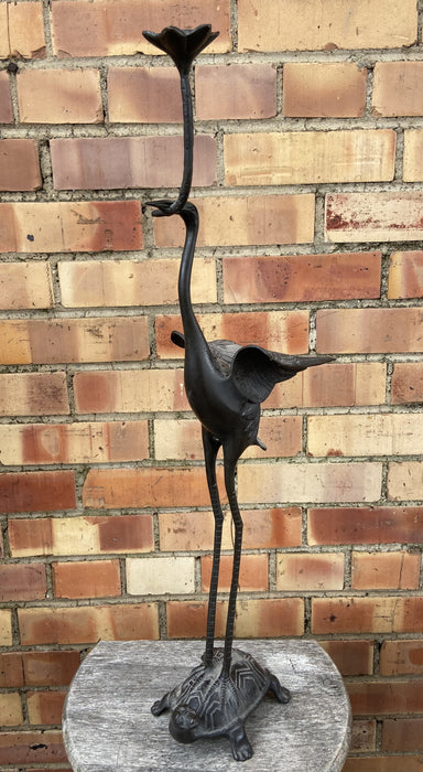 BRONZE EGRET ON TURTLE CANDLE HOLDER