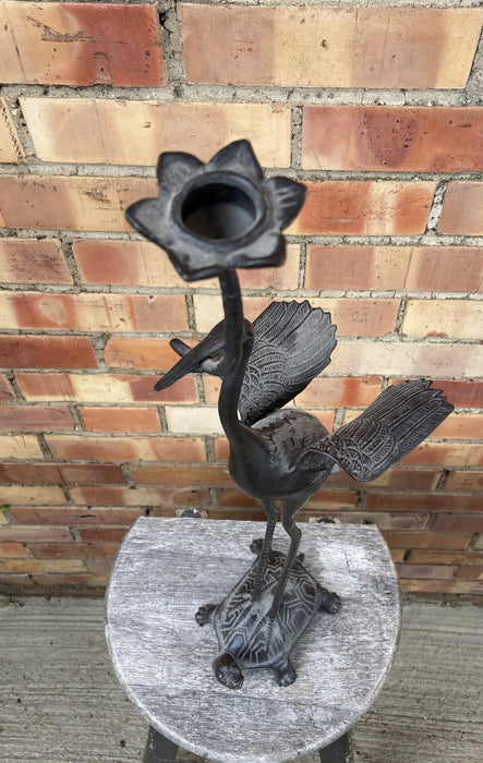 BRONZE EGRET ON TURTLE CANDLE HOLDER