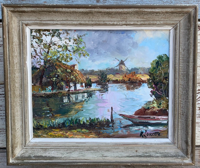 IMPRESSIONIST OIL PAINTING OF POND AND WINDMILL BY RENEE LOROTTE