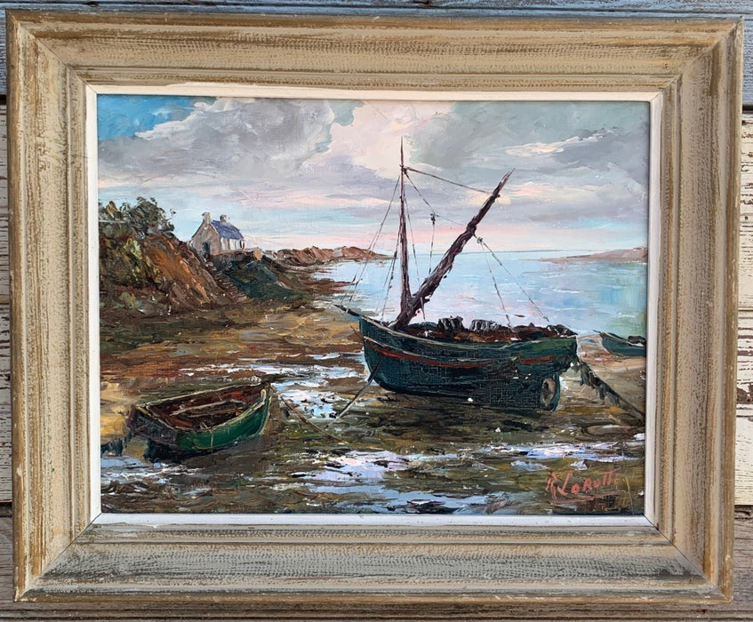 IMPRESSIONIST OIL PAINTING OF A SAIL BOAT ON THE SHORE BY RENEE LOROTTE