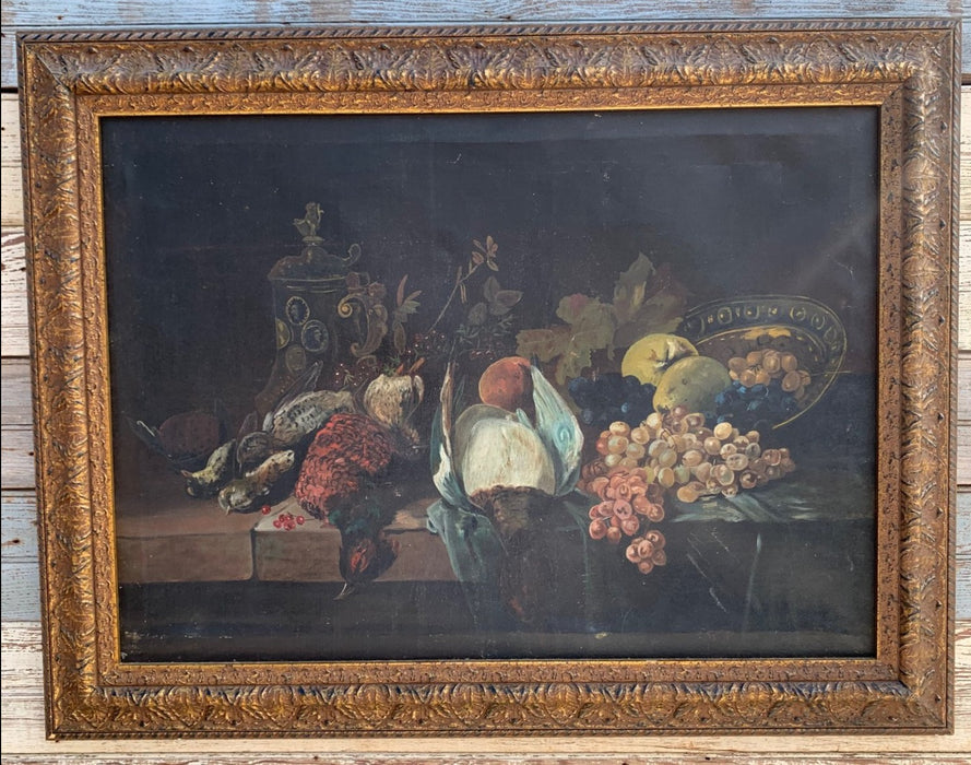 STILL LIFE OIL PAINTING OF FRUIT AND FOWL ON CANVAS