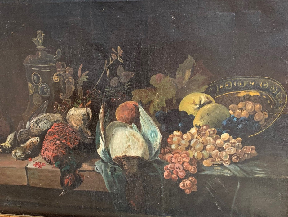 STILL LIFE OIL PAINTING OF FRUIT AND FOWL ON CANVAS