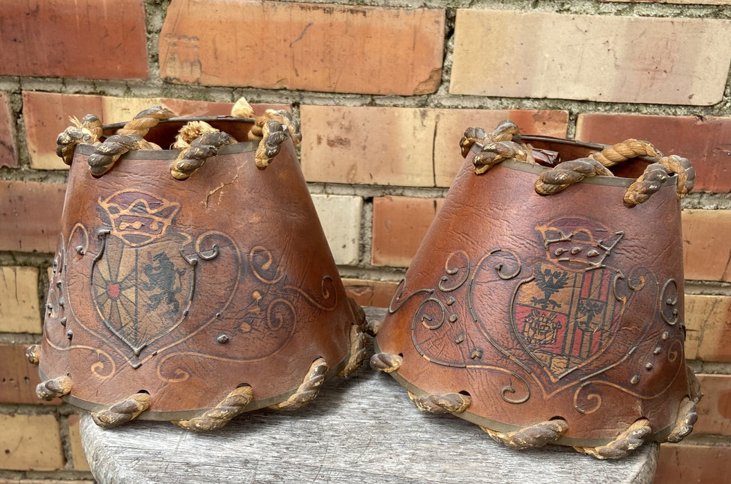PAIR OF SMALL LEATHER AND ROPE LAMPSHADES