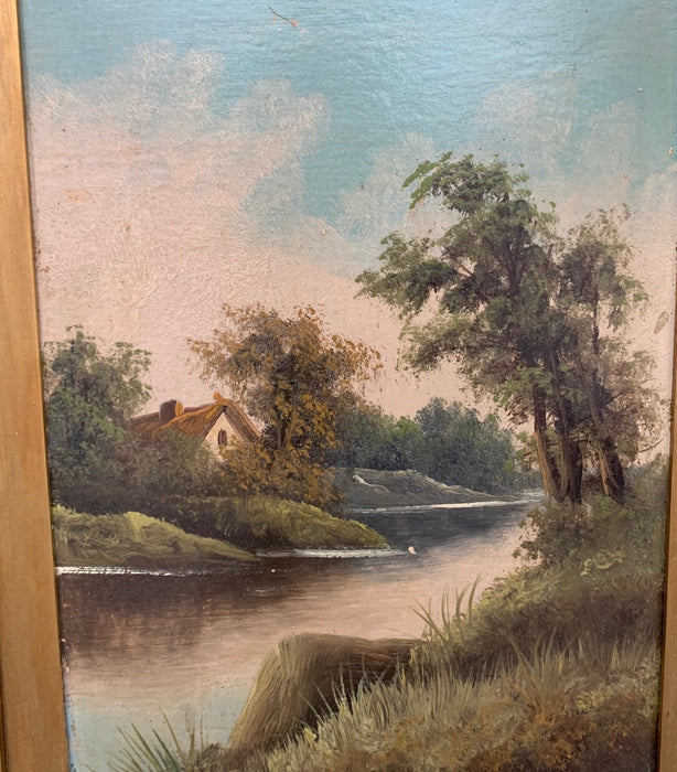 SMALL VERTICAL OIL PAINTING OF RIVER AND HOUSE IN GOLD FRAME