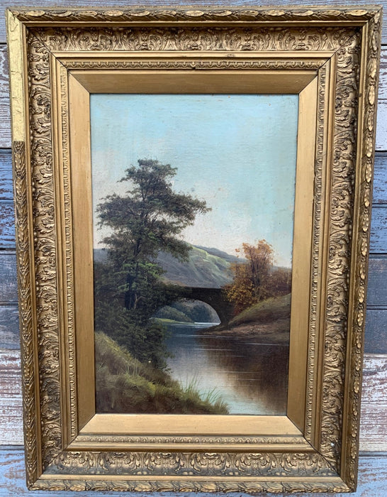 SMALL VERTICAL OIL PAINTING OF BRIDGE IN GOLD FRAME